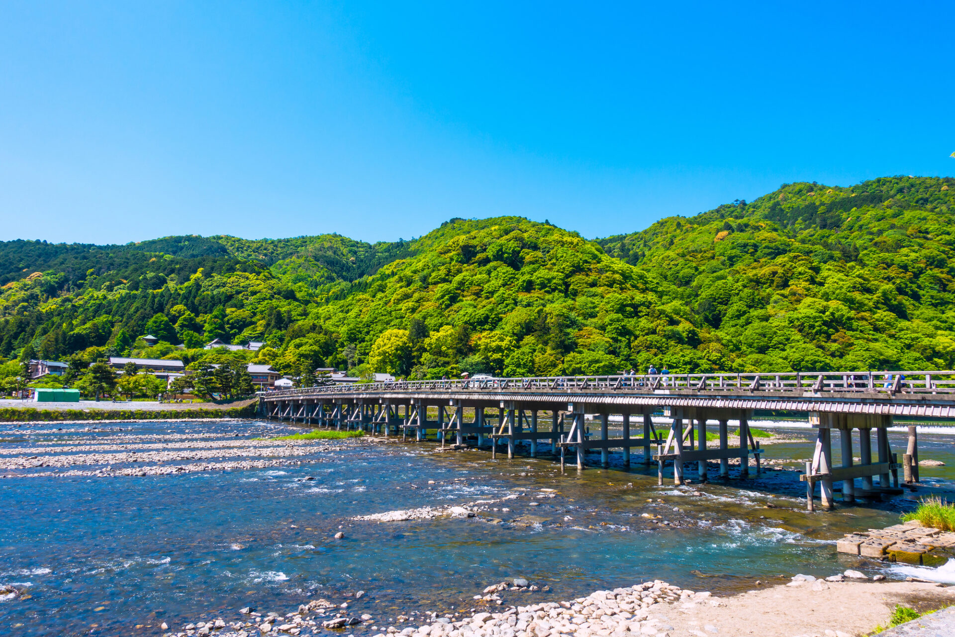 嵐山 新緑の渡月橋と桂川