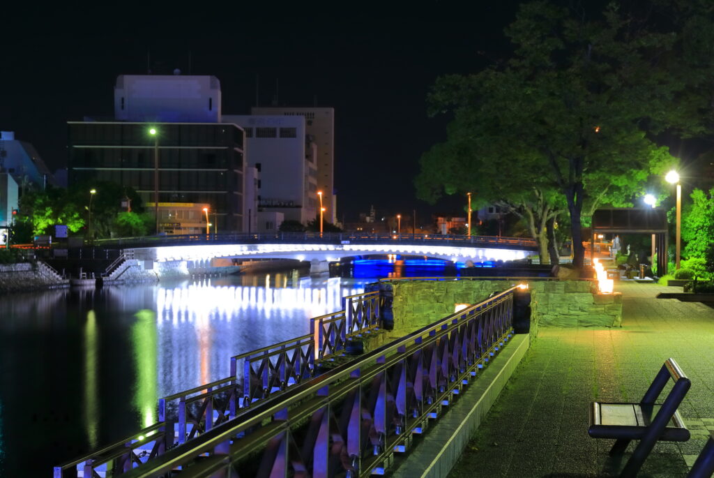 LEDで輝く新町川でナイトウォーク