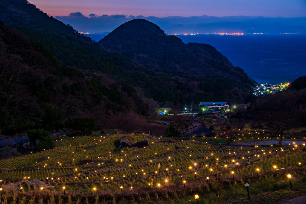夜: 石部棚田で日本の原風景を見下ろす