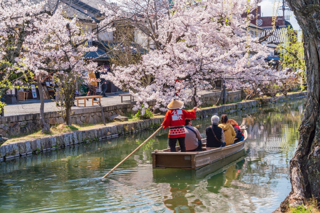 （岡山県）倉敷美観地区　川舟に乗る観光客　春