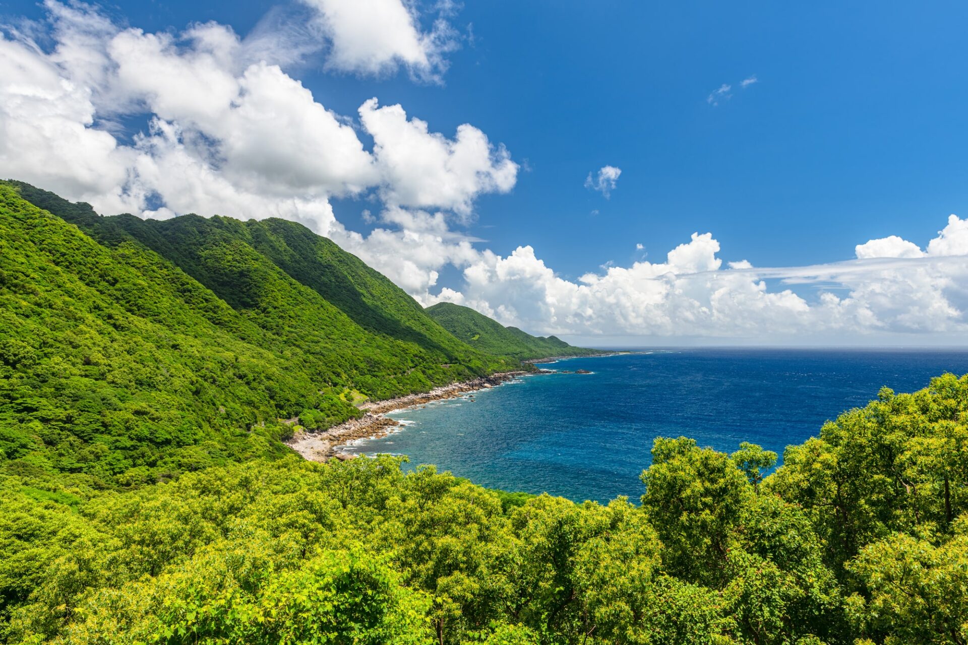 屋久島の美しい自然の景色、海と海岸、青空と西部林道地域