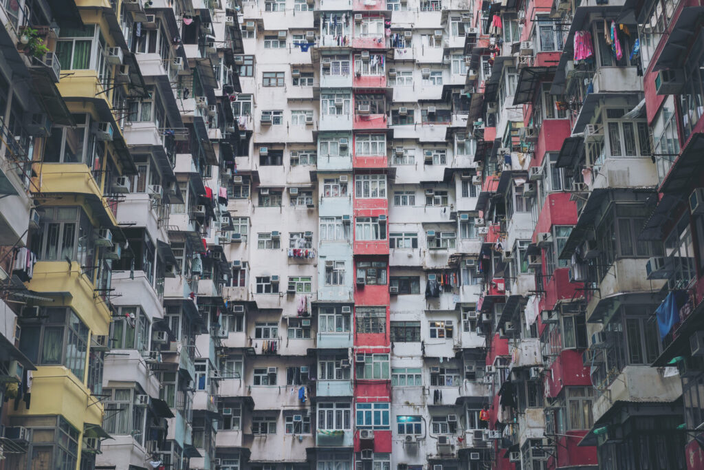 a crowded residential building in community in Quarry Bay, Hong Kong