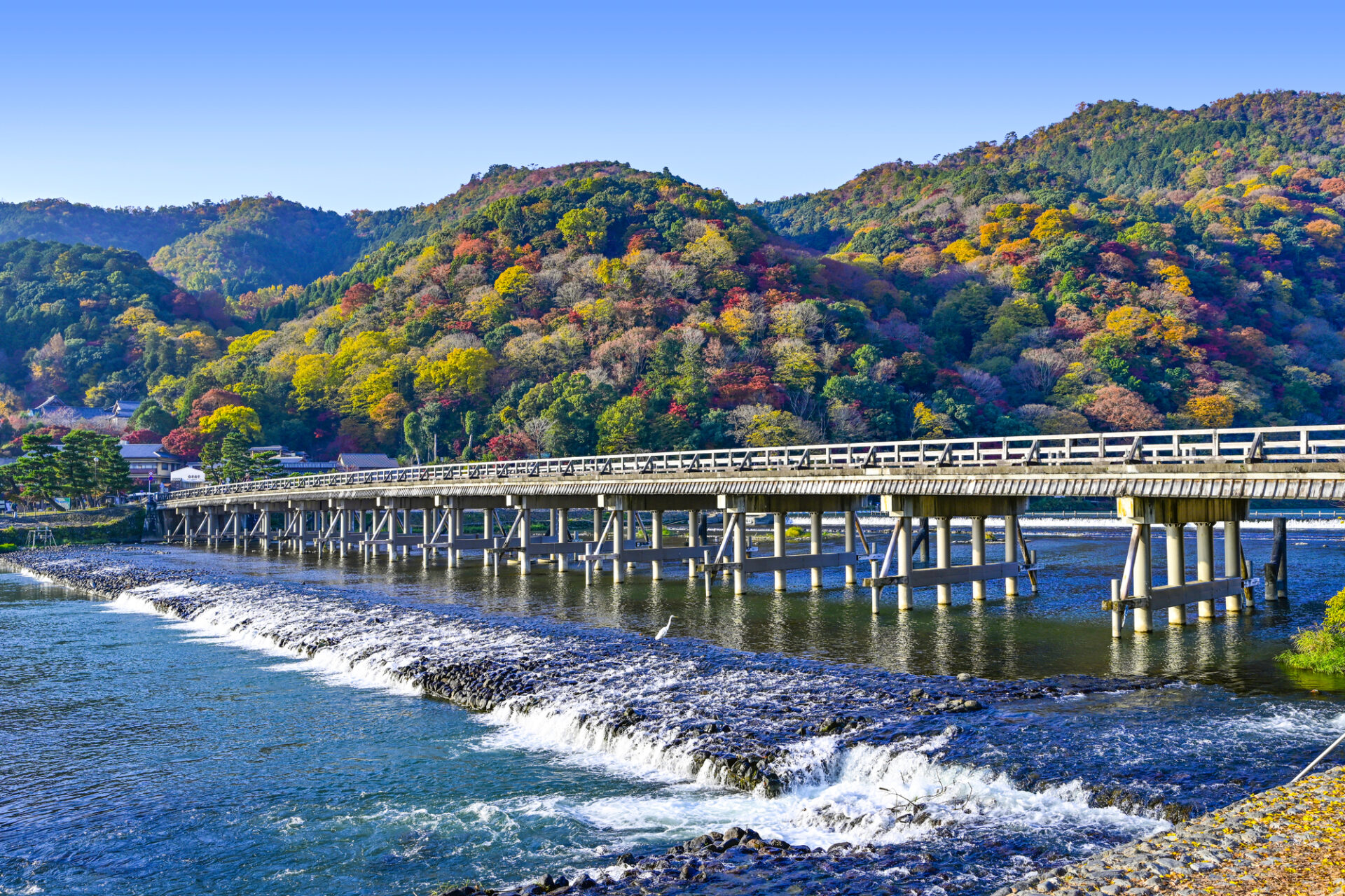 秋の嵐山、渡月橋