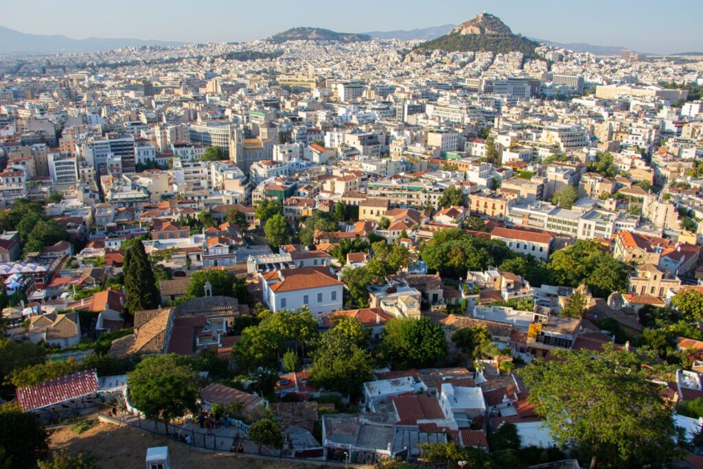 ギリシャ　アテネの市街地　リカビトスの丘　パルテノン神殿からの眺め