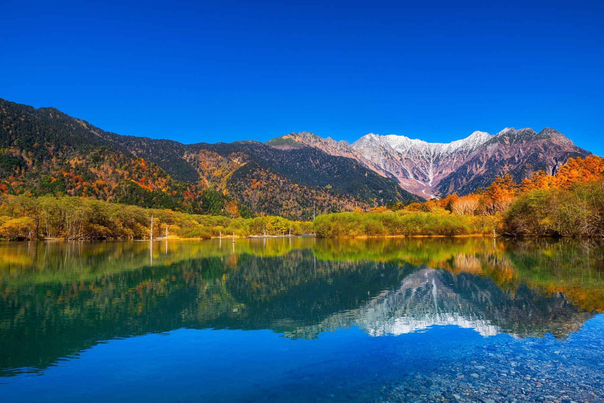 上高地の紅葉・大正池と穂高連峰