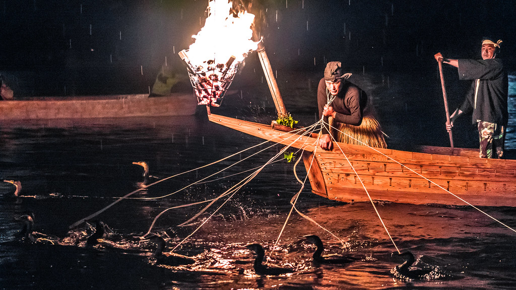 長良川で繰り広げられる伝統漁法「鵜飼い」の風景