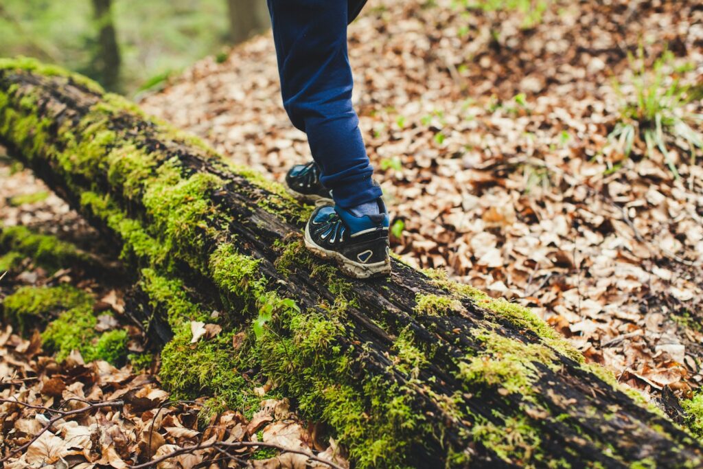 person in black pants and black and white nike sneakers standing on green moss covered ground