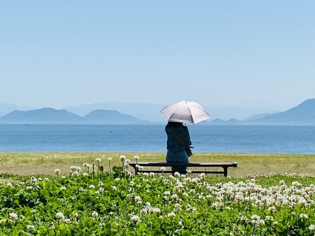 直島の海を眺める観光客のイメージ
