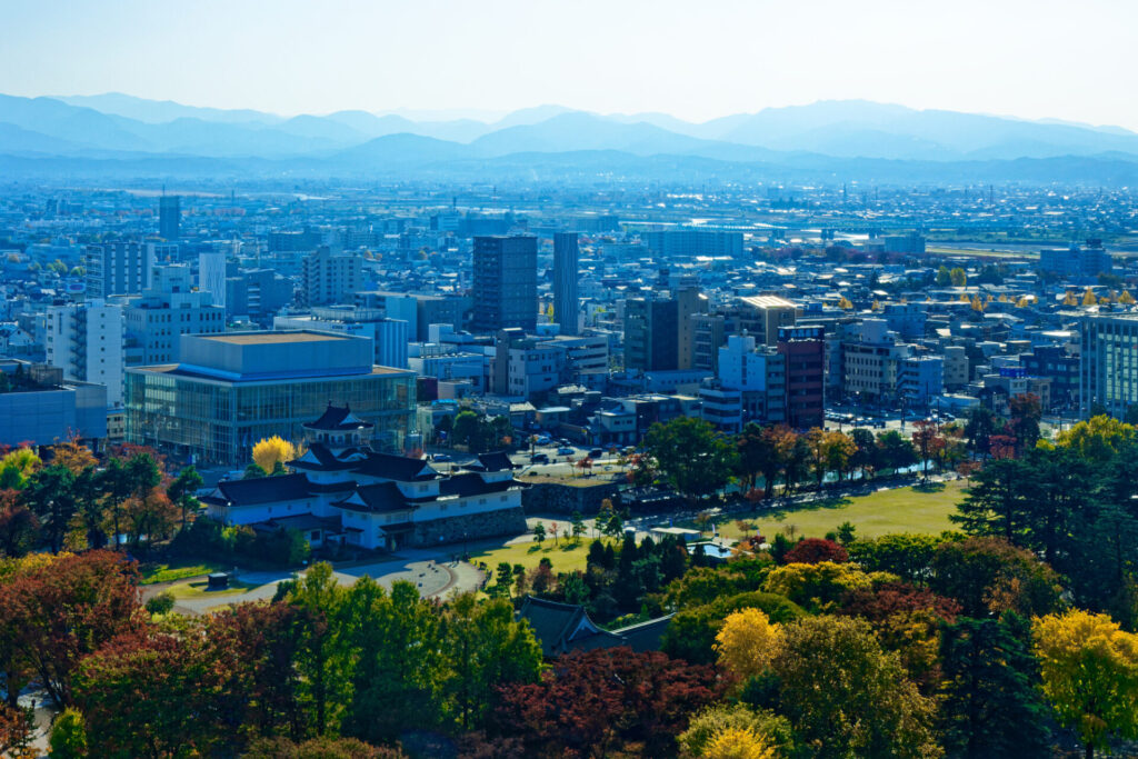 富山市役所展望塔より眼下の富山城址公園の紅葉を望む