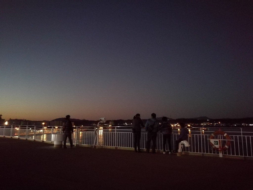 志布志湾の夜景を眺める人々