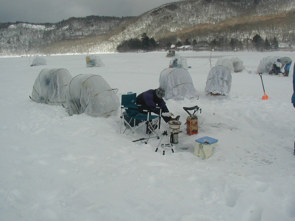 氷上で楽しむワカサギ釣りの様子