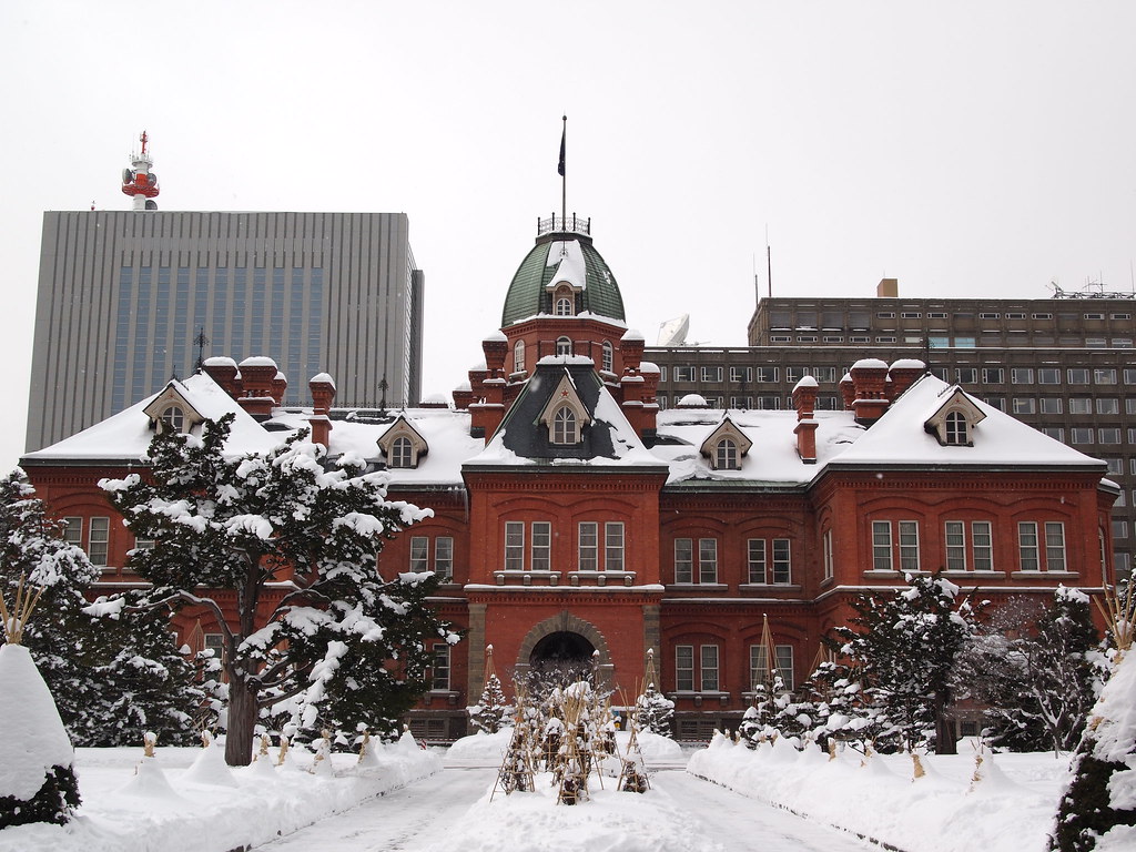 雪化粧をした北海道庁旧本庁舎の様子