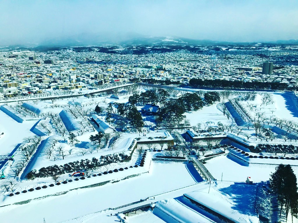 五稜郭タワーからみえる、五稜郭公園の美しい雪景色