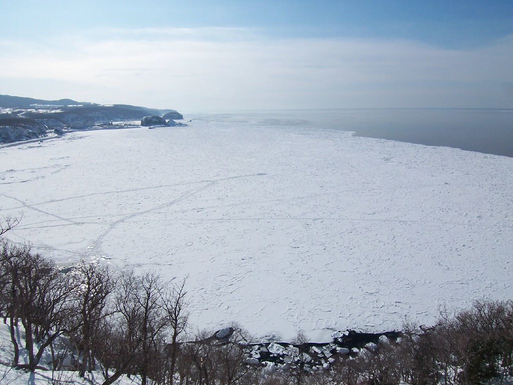 知床の冬の絶景スポット・プユニ岬から望むオホーツク海の流氷パノラマ