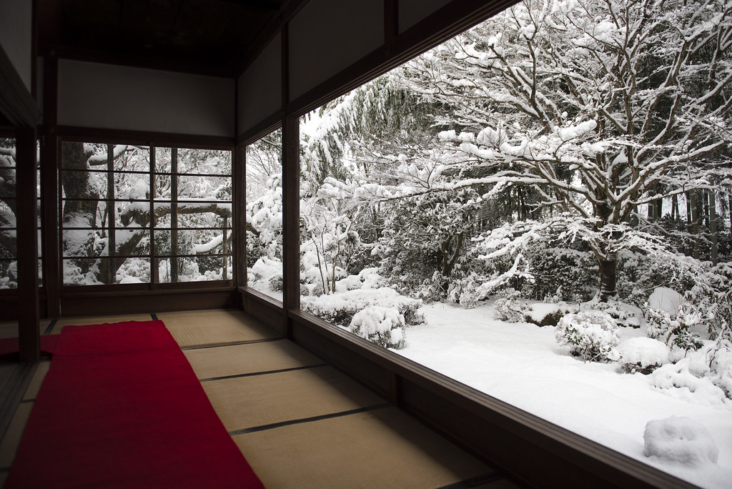 京都、宝泉院で眺める幻想的な冬景色