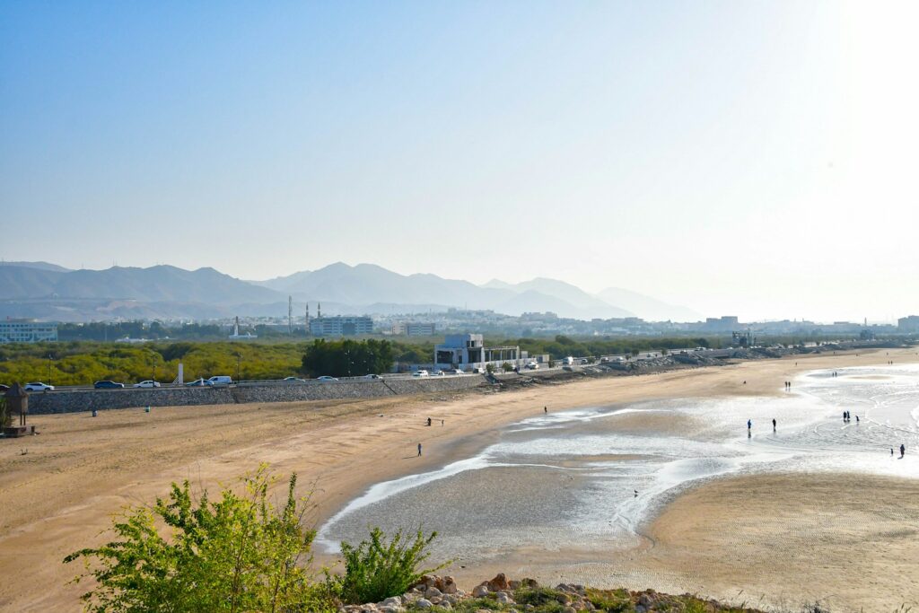 a view of a sandy beach with mountains in the background