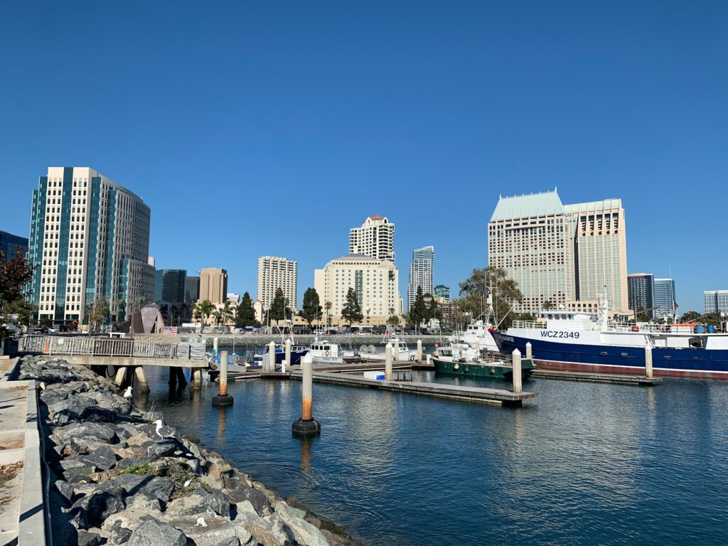 white and blue boat on sea near city buildings during daytime